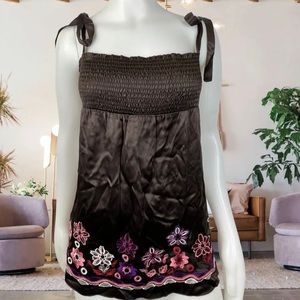 Bebe Womens M/L Satin Brown Floral Embroidered Tie Shoulder Top Y2K Festival Euc